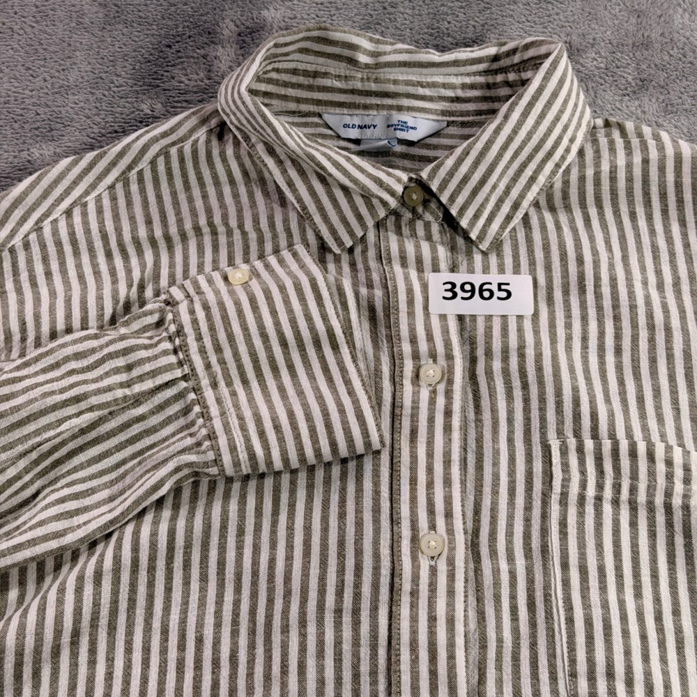 Old Navy The Boyfriend Shirt Womens M Olive Stripe Linen Blend Long Sleeve Top